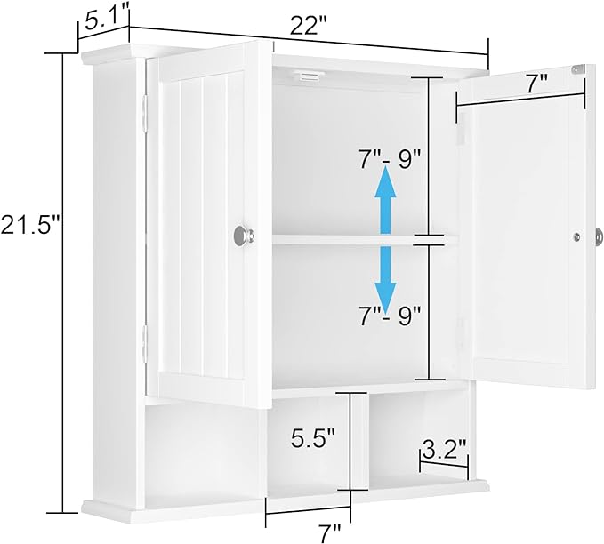 ChooChoo Bathroom Cabinet Wall Mounted 2-Door with 3 Open Shelves, Wooden Medicine Cabinets with Adjustable Shelf, Space Saver Storage Cabinets Over The Toilet for Bathroom&Living Room, White
