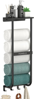 Towel Rack for Bathroom, Black Metal Wall Mounted Towel Holder with Shelf and 4 Hooks, Bathroom Towel Storage Organizer