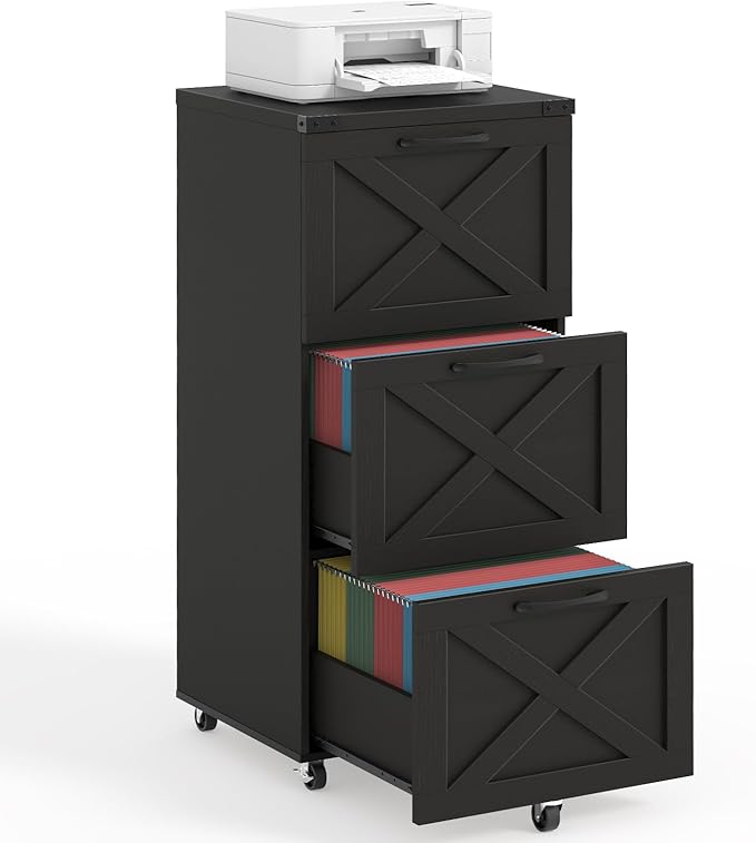 3 Drawer Tall File Cabinet with Wheels, Farmhouse Vertical Filing Cabinet Fits Letter/A4 Size, Rolling File Cabinets Wooden Printer Stand for Home Office, Black