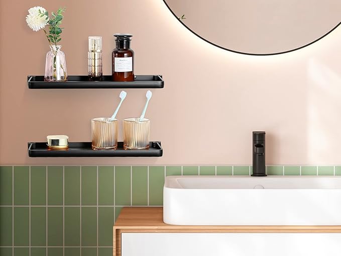 Folding Wall Shelf for Bathroom | 2-Tier Folding Metal Shelves | 90° Fold Up | Wall Mounted Drop Down Floating Shelf for Rv, Laundry Room, Toilet Room, Waterproof(2-Pack, Black)