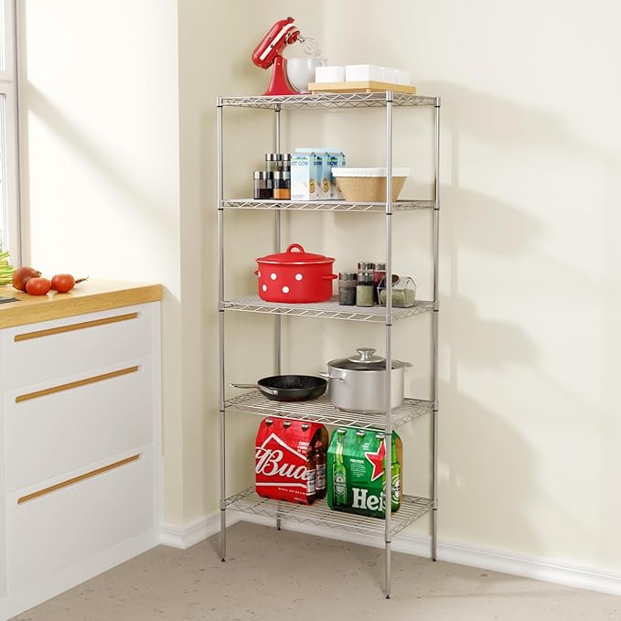 PayLessHere | 5-Tier Wire Shelf | 24"x14"x60" | Chrome | Adjustable Racks | Heavy-Duty Storage Shelves, Holds Upto 750 lbs | Rust-Resistant, No-Tool Assembly | for Home, Garage Shelving