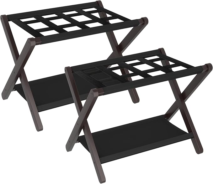 Heybly Luggage Rack, Pack of 2, Folding Suitcase Stand with Storage Shelf, Heavy-Duty Luggage Holder for Guest Room Bedroom Hotel, Holds up to 165 lb, Black, HLR010Z2