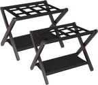 Heybly Luggage Rack, Pack of 2, Folding Suitcase Stand with Storage Shelf, Heavy-Duty Luggage Holder for Guest Room Bedroom Hotel, Holds up to 165 lb, Black, HLR010Z2