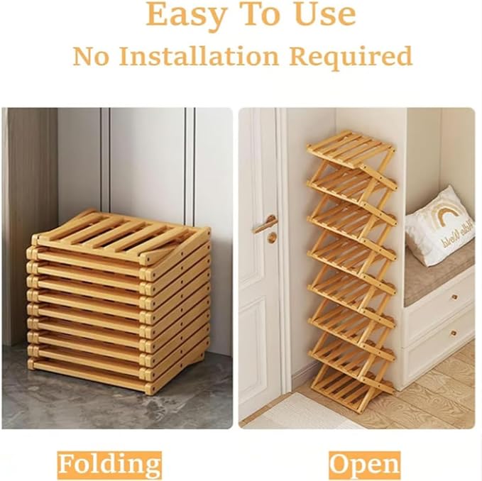 The 9-Tier No-Assembly Bamboo Rack, Foldable Stackable 9 Tier Bamboo Shoe Rack Vertical Storage Sturdy & Stable, Tall Narrow Space-Saving Expandable Shoe Rack for Entryway Closet Dorm (Brown,9 Tiers)