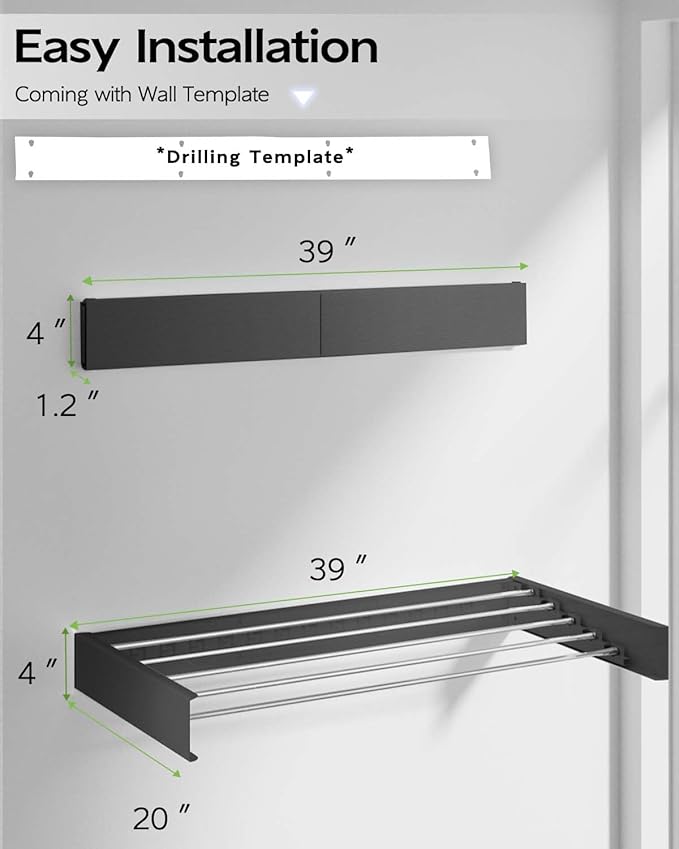 Wall Mounted Clothes Drying Rack 40", Foldable Wall Mount Laundry Rack Folding Indoor, Drying Rack Clothing Collapsible, Hidden Space Saver with Wall Template, 6 Rods, Black