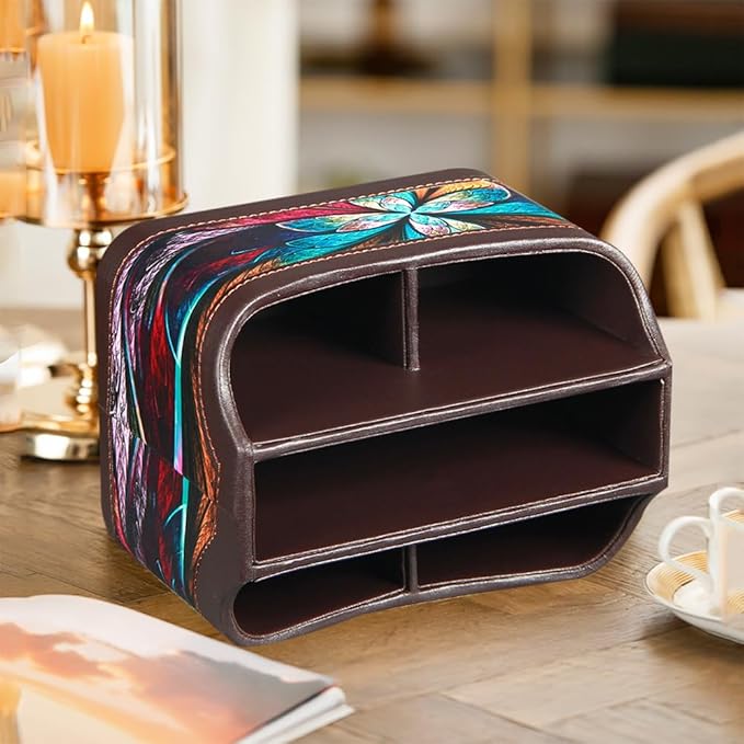 Fanousy 360° Rotating Remote Control Holder, PU Leather TV Remote Caddy Organizer Basket Storage Box with 5 Compartments for Pen, Pencil, Art Supplies, Makeup Brush, Office Desk Table Accessories