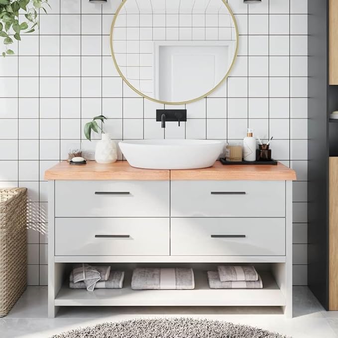 vidaXL Solid Wood Bathroom Countertop, Versatile Light Brown Oak Top for Bathroom Vanity or Desk, Handmade Live Edge