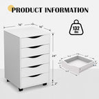 QDSSDECO 5 Drawer Chest Wood File Cabinet Rolling Storage Dresser with Wheels for Home Office, White