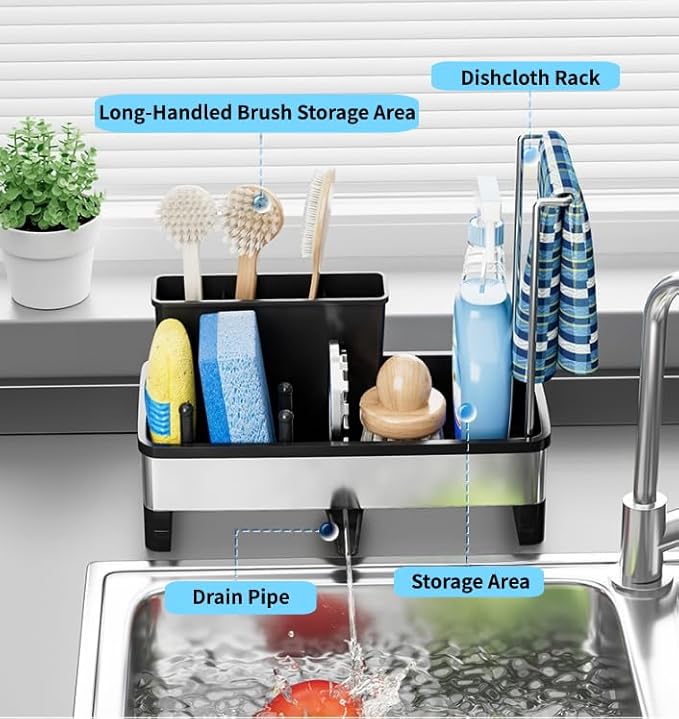 Kitchen Sink Caddy Organizer with Sponge & Brush Holder, Rustproof 304 Stainless Steel Countertop Storage with Towel Bar, Drying Rack for Kitchen Essentials