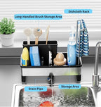 Kitchen Sink Caddy Organizer with Sponge & Brush Holder, Rustproof 304 Stainless Steel Countertop Storage with Towel Bar, Drying Rack for Kitchen Essentials
