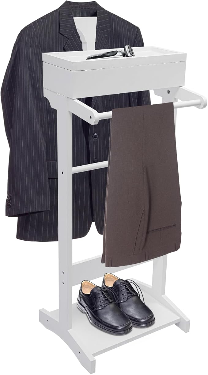 Wood Mens Valet Stand Multifunction Clothes Valet Floorstanding Suit Stand Rack with Drawer & Shoe Rack for Bedroom, Entryway, Hotel, Home Office Use (White)