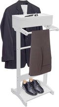 Wood Mens Valet Stand Multifunction Clothes Valet Floorstanding Suit Stand Rack with Drawer & Shoe Rack for Bedroom, Entryway, Hotel, Home Office Use (White)