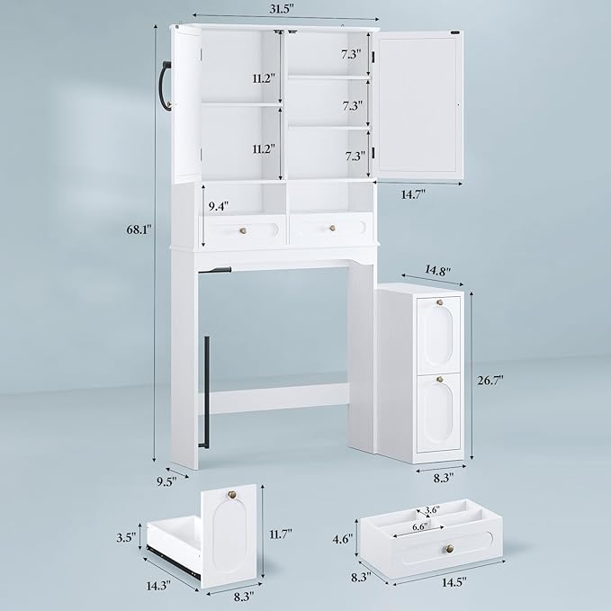Over the Toilet Storage Cabinet with Mobile Bathroom Storage Cabinet & 3 Adjustable Shelves, Bathroom Storage Cabinet Over Toilet with 4 Section Drawers for Bathroom, Laundry Room, White