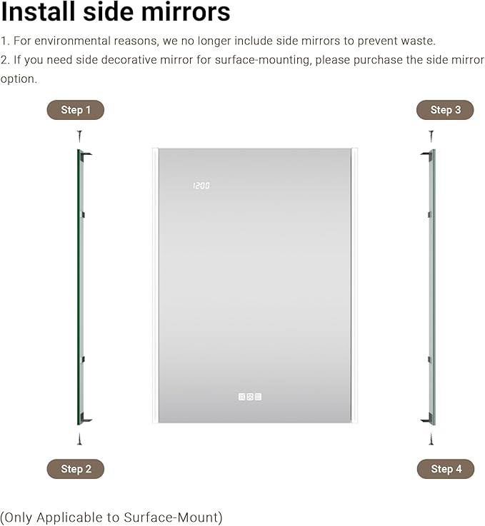 Side Mirrored Kits, 4'' W x 32'' H Decorative Side Mirrors Set of 2 for 32-Inch-Height Acrylic Smart Lighted Mirror Cabinet Surface-Mounting-Use Only (for Model-Aura)