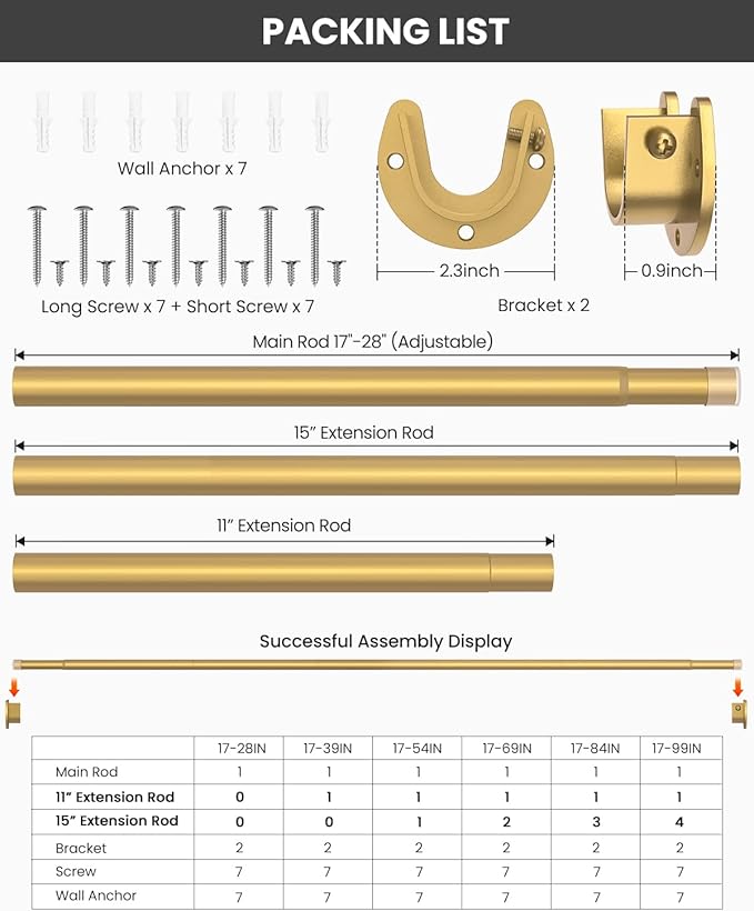 5 Pack Closet Rods for Hanging Clothes, 17 to 28 Inches Stepless Adjustable Metal Closet Rod, 1.3 Inches Heavy Duty Clothes Hanging Rod for Closet Wardrobes Laundry RV, Golden