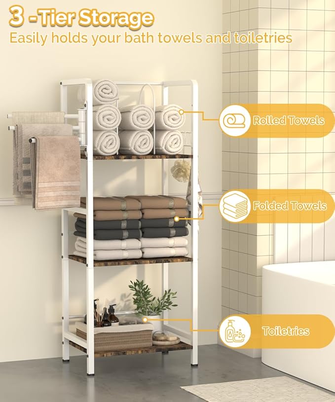 Free Standing Towel Racks for Bathroom with 3 Rotating Bars, 3-Tier Floor Towels Holder Stand with Detachable Dividers, Pool Towel Storage Organizer with 8 S-Hooks for Home, Poolside, White