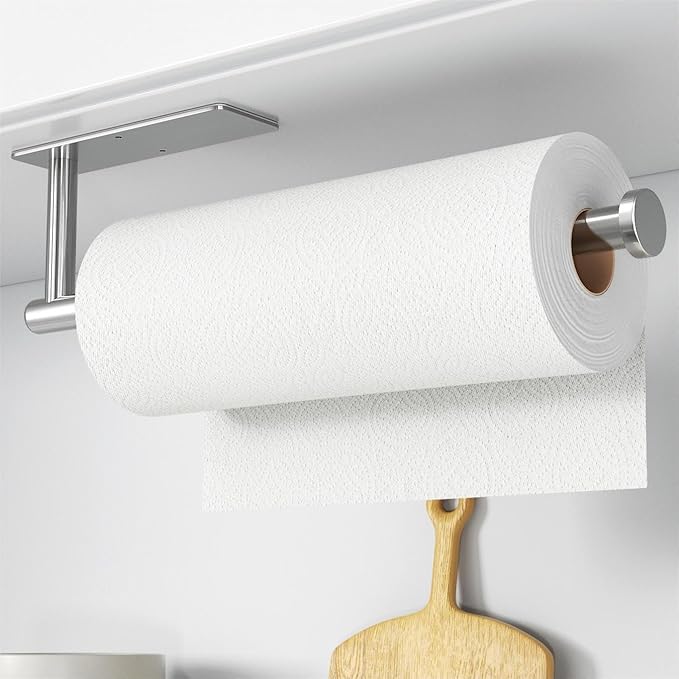 Paper Towel Holder - Self-Adhesive or Drilling, Brushed Nickel Wall Mounted Rack - SUS304 Stainless Steel Kitchen Roll Holder Under Cabinet (2 Pack)