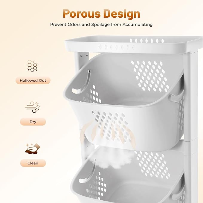 Laundry Hamper Basket Sorter, 3-Tier PP Laundry Sorter Cart with 4 Wheels, 16.92x12.99x42.91in Removable Rolling Laundry Baskets, Practical Handle, Porous Design, 1 Large and 2 Small Baskets, White