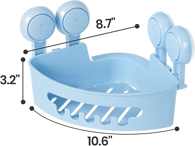 TAILI Corner Shower Caddy with Suction Cups, Wall Mounted Organizer Plastic Rack for Small Bathrooms, Kitchen, Removable Drill-Free Heavy Duty Shelf Basket, BLUE