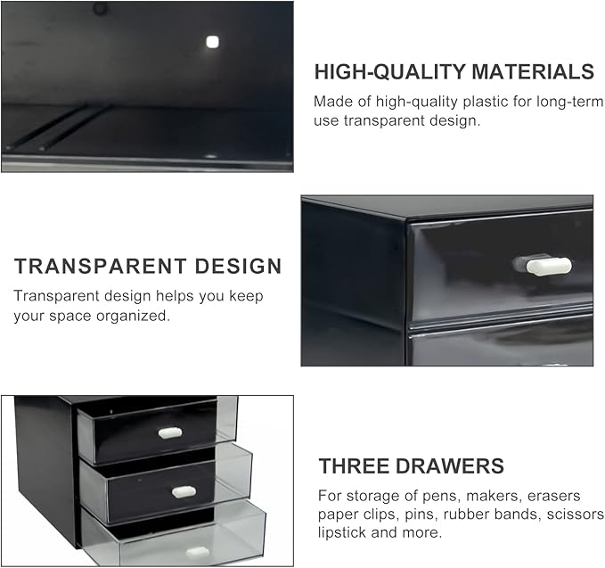 Desk Organizer with Drawer, Desk Storage Box, Plastic Office Stationery Supplies Organizers, Desktop Organizer for Office School Home (3 drawer, Black)