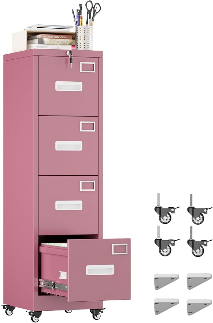 METAN 4 Drawer File Cabinet on Wheels, Lockable Metal Filing Cabinet with Handle and Name Card for Office Home,Assembly Required,Pink