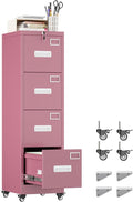 METAN 4 Drawer File Cabinet on Wheels, Lockable Metal Filing Cabinet with Handle and Name Card for Office Home,Assembly Required,Pink