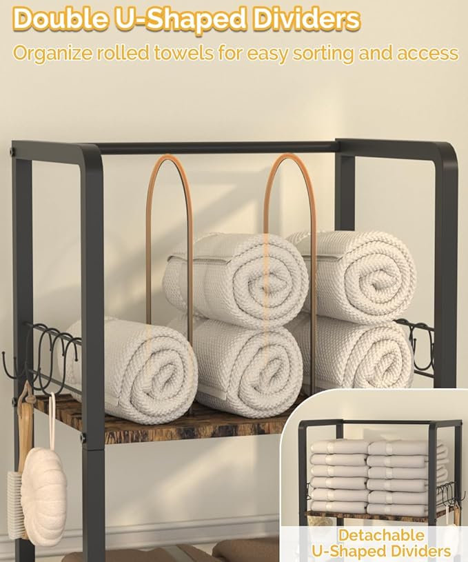 Free Standing Towel Racks for Bathroom with U-Shaped Detachable Dividers, 3-Tier Floor Towels Holder Stand with Shelf & 8 S-Hooks, Metal Pool Towel Storage Organizer for Home, Poolside, Black