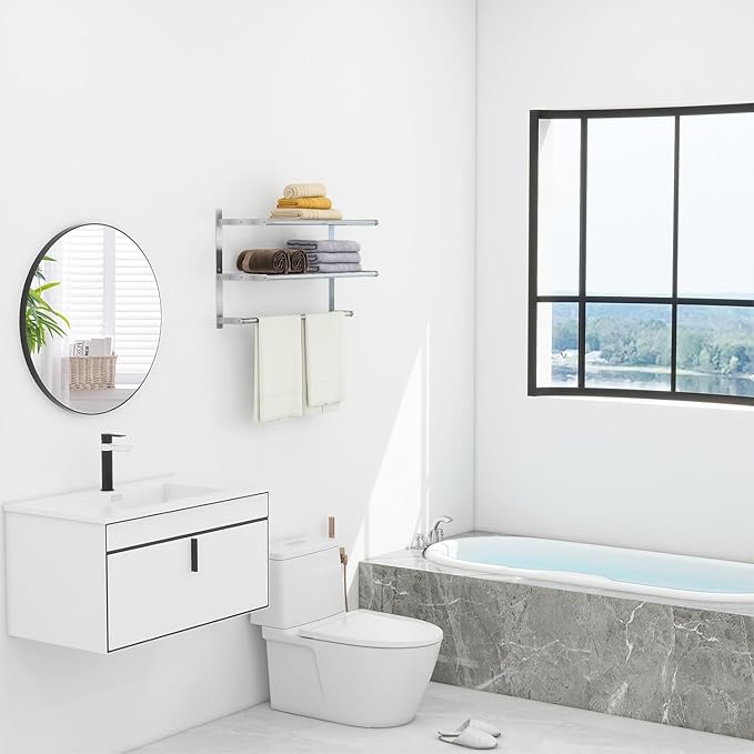 Hotel Towel Racks for Bathroom Wall Mounted, BETHOM 24 Inch Towel Shelf for Bathroom, 3-Tier Bathroom Towel Rack with Tower Bars, Brushed Nickel