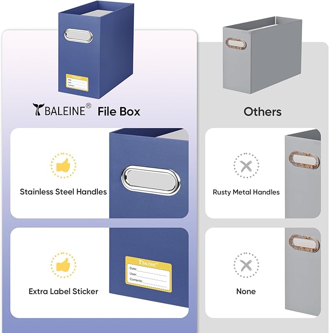 BALEINE File Organizer Box, Cardboard File Folder Organizer with Handle for Letter Size, Portable Collapsible Hanging Filing Box for Home Office Document Storage (2 Pack, Navy)
