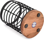 EDHAS Black Iron Kitchen Utensil Holder with Acacia Wooden Base Round Flatware Storage for Countertop (4.5" x 4.5" x 6")
