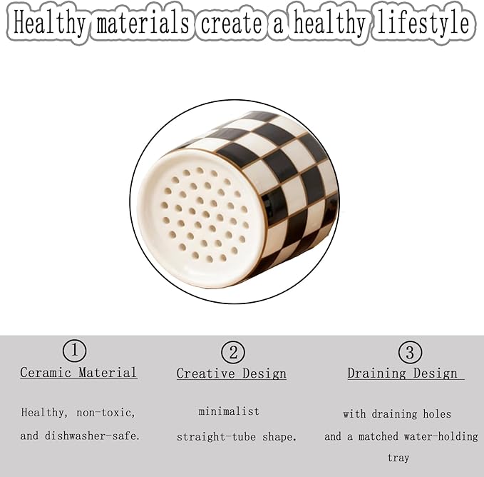 Ceramic Checkered Utensil Crocks with Gold Metal Rack, Black & White Grid Kitchen Utensil Storage, Farmhouse Kitchen Decor, Flatware Organizer & Home Accessory (Black)