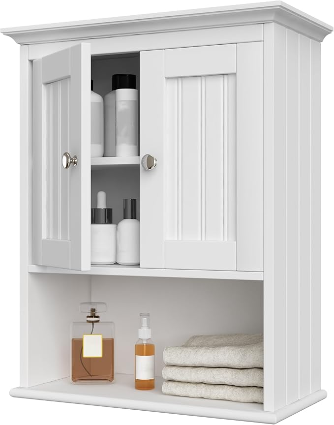 Treocho Wood Wall Cabinet, Bathroom Medicine Cabinet Storage with Doors and Adjustable Shelf, Rustic Cabinet Wall Mounted for Bathroom, Livingroom, Kitchen, Cupboard, White