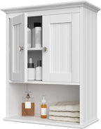 Treocho Wood Wall Cabinet, Bathroom Medicine Cabinet Storage with Doors and Adjustable Shelf, Rustic Cabinet Wall Mounted for Bathroom, Livingroom, Kitchen, Cupboard, White
