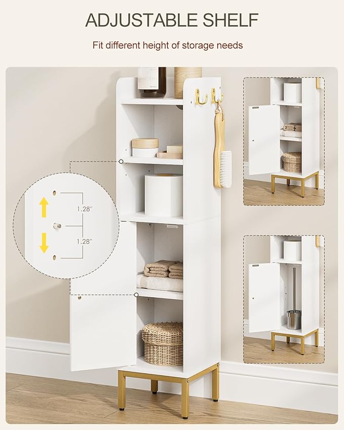 Bathroom Storage Cabinet, Small Corner Floor Hutch with Door and Adjustable Shelves, Narrow Toilet Paper Cabinet with Two Hooks, Bathroom Organizer for Small Spaces