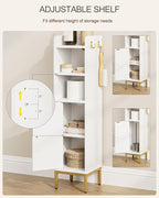Bathroom Storage Cabinet, Small Corner Floor Hutch with Door and Adjustable Shelves, Narrow Toilet Paper Cabinet with Two Hooks, Bathroom Organizer for Small Spaces