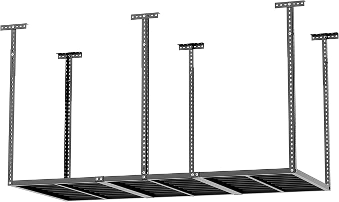 3x6 ft Heavy Duty Adjustable Ceiling Mounted Storage Rack, Overhead Garage Storage Rack 750lbs Capacity Alloy Steel, Customizable Height, Easy Access for Organize Tools, Gear, Containers Black
