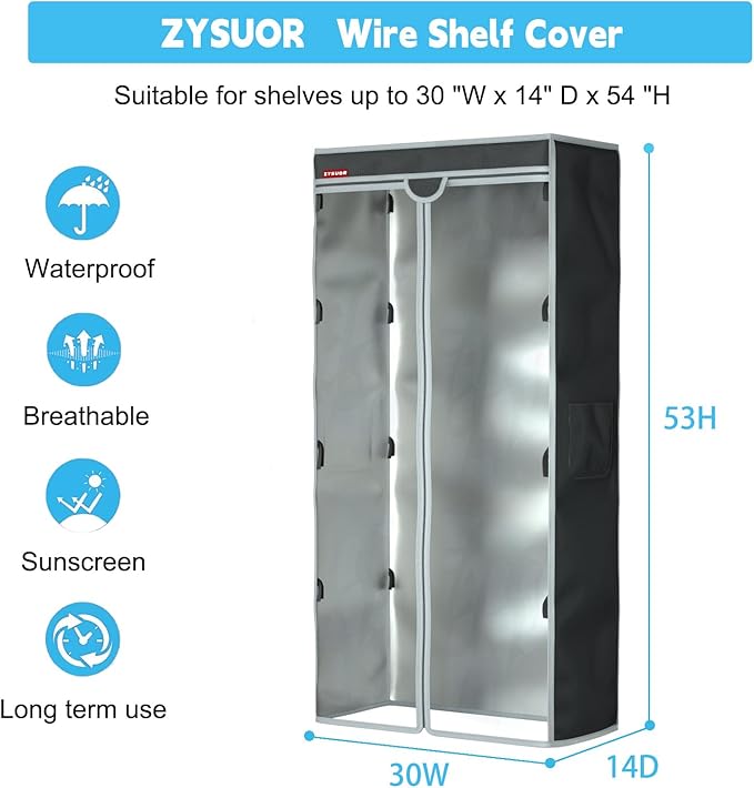 Wire Shelf Cover 30"x14"x54" – Waterproof Dustproof Shelving Cover, Clear PVC Front & T-Zipper for Storage Rack & Garment Racks (No Shelves, Black)