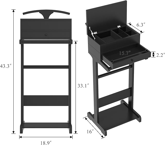 Brefhome Wooden Valet Stand with Drawer & Tray, Clothing Rack for Men Women, Modern Garment Rack for Entryway, Bedroom, Commercial, Black