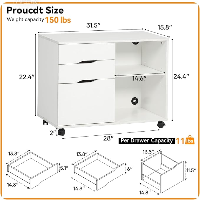 FDW 3 Drawer Lateral File Cabinet Mobile File Cabinet with Open Storage Shelves Office Printer Stand & Under-Desk Organizer with Wheels for Home Office,White