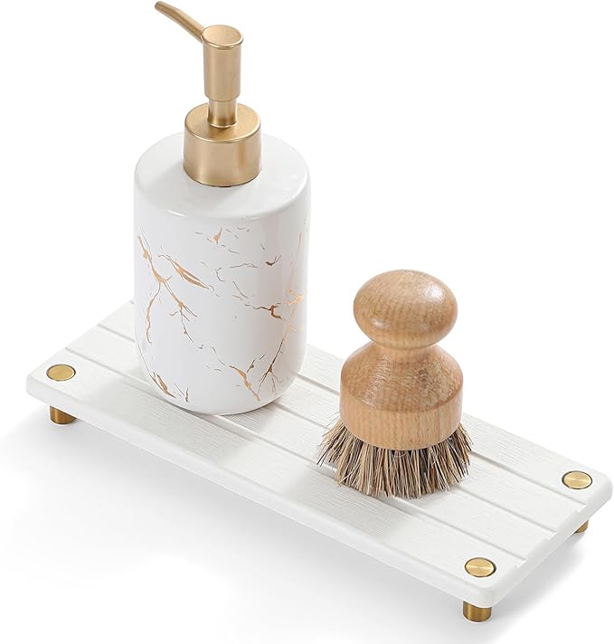 Instant Dry Sink Caddy Kitchen Sink Organizer, Quick Drying Diatomaceous Earth Stone Sink Tray Sponge Holder Soap Dish, Bathroom Countertop Vanity Dispenser Toothbrush, Gold White, 10" x 4"
