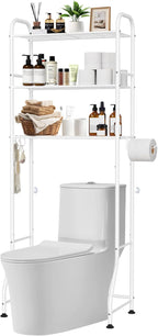 3-Tier No-Drill Over Toilet Storage Rack - White Metal Bathroom Organizer with Hooks & Paper Holder for Small Space
