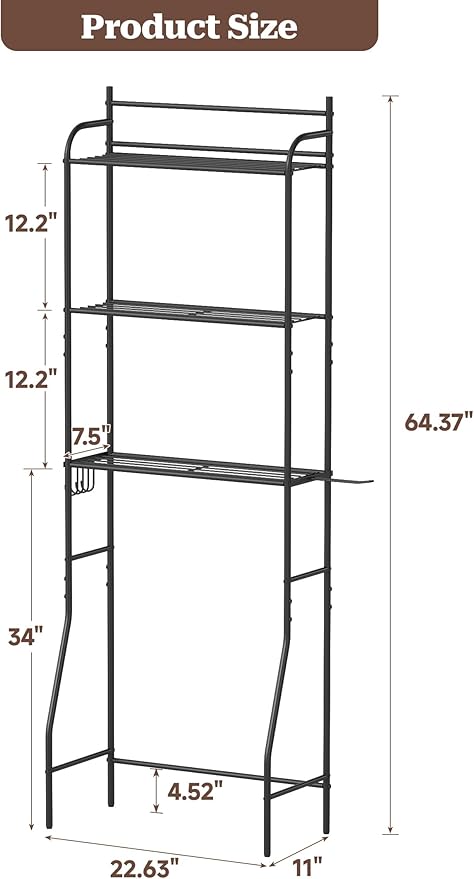 3-Tier Over The Toilet Storage, Bathroom Organizer, Space-Saving, Above Toilet Storage Rack with 4 Hooks and Paper Holder, Metal Shelf, Black