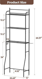 3-Tier Over The Toilet Storage, Bathroom Organizer, Space-Saving, Above Toilet Storage Rack with 4 Hooks and Paper Holder, Metal Shelf, Black