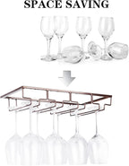 Wine Glass Rack - Under Cabinet Stemware Wine Glass Holder Glasses Storage Hanger 2 Pack Metal Organizer for Bar Kitchen 4 Rows Brown