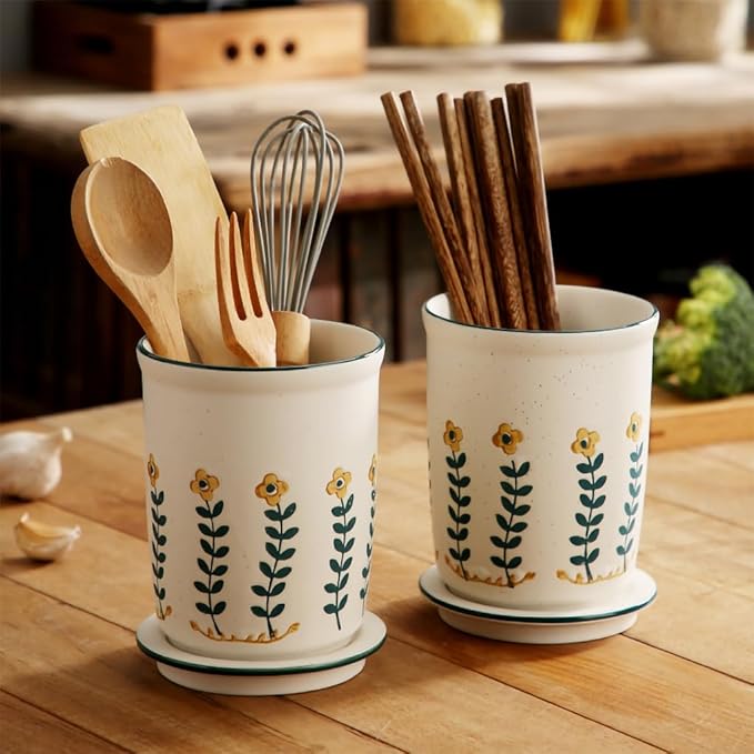 WAIT FLY Vintage Flower Porcelain Kitchen Utensil Holder with Bottom Flatware Storage Organizer Utensil Crock for Countertop Kitchen Counter Decor