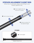 Closet Rods for Hanging Clothes, 17 to 39 Inches Stepless Adjustable Metal Closet Rod, 1.3 Inches Heavy Duty Clothes Hanging Rod for Closet Wardrobes Laundry RV, Black