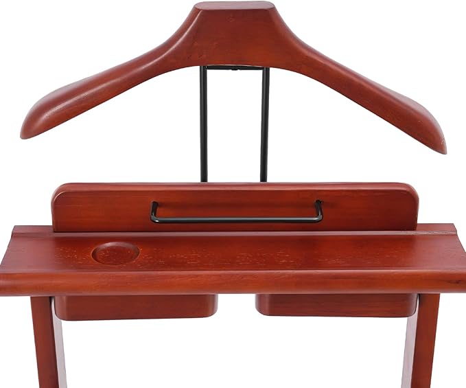 66.14 Lbs Capacity Wood Valet Stand, Clothes Valet Rack with 4 Universal Wheels, Freestanding Clothing Stand with Drawers Tie Rods and Shoe Rack, Reddish Orange