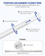 Closet Rods for Hanging Clothes, 17 to 159 Inches Stepless Adjustable Metal Closet Rod, 1.3 Inches Heavy Duty Clothes Hanging Rod for Closet Wardrobes Laundry RV, White