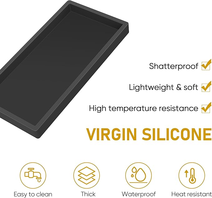 Silicone Bathroom Tray,Shatterproof Small Black Bathroom Tray,High-Grade Silicone Durable Vanity Trays for Bathroom Soap Dispenser Tray Toilet Tank Tray-7.8 * 3.9 in