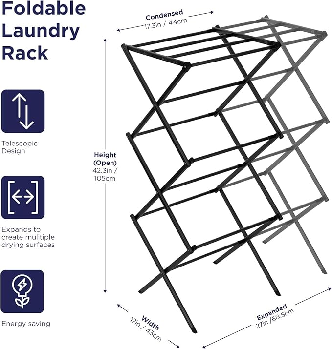 BLACK+DECKER Laundry Organization Expandable/Collapsible Clothes Drying Rack. Essential for Camping/Trailers or Anywhere You Air Dry Laundry. Oversized for Multiple Garments, (Black)